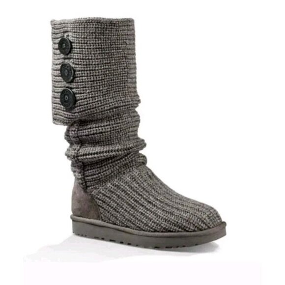 UGG Classic Cardy Knit Tall Boots Gray Button Detail Sweater Winter Boots Size 6 - Picture 1 of 5